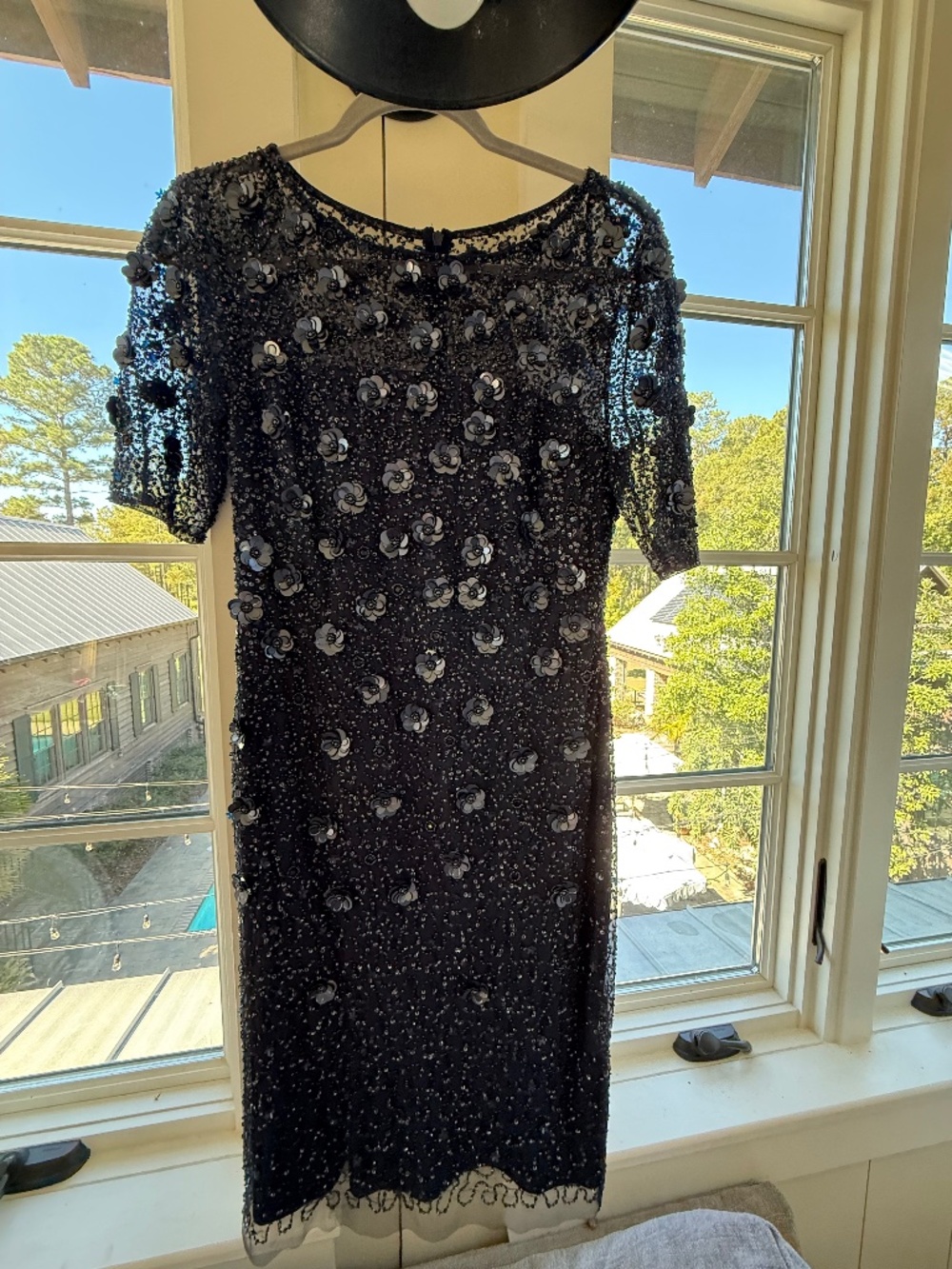 Beaded Adrianna Papell navy formal dress